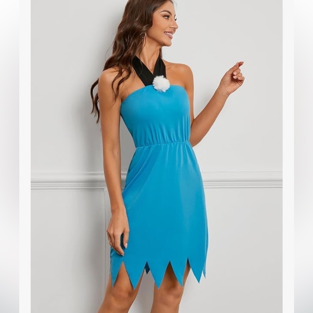 NWT Blue Halter Sleeveless Dress for Betty Rubble Costume, w/Felt Headpiece - Picture 3 of 7